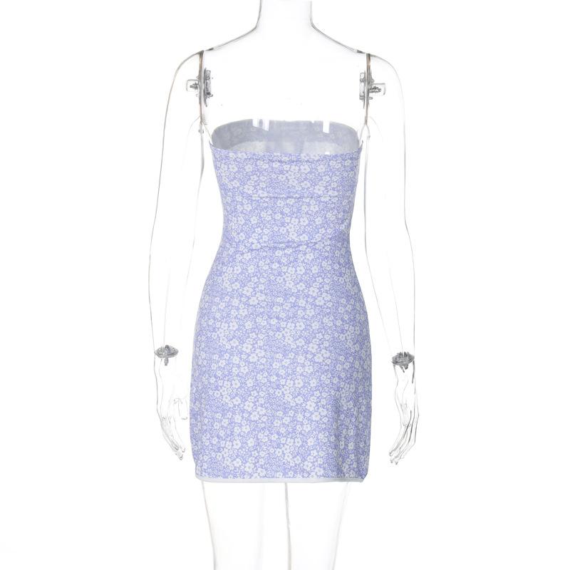 Flower print knotted backless tube mini dress