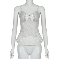 Lace hem ruffle bowknot v neck backless cami top
