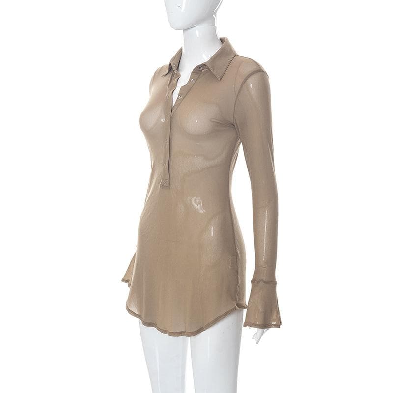 Sheer mesh see through button turnover collar flared sleeve mini dress  | samba dress