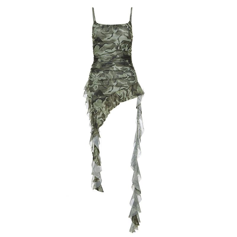 Camouflage ruffle irregular ruched cami top