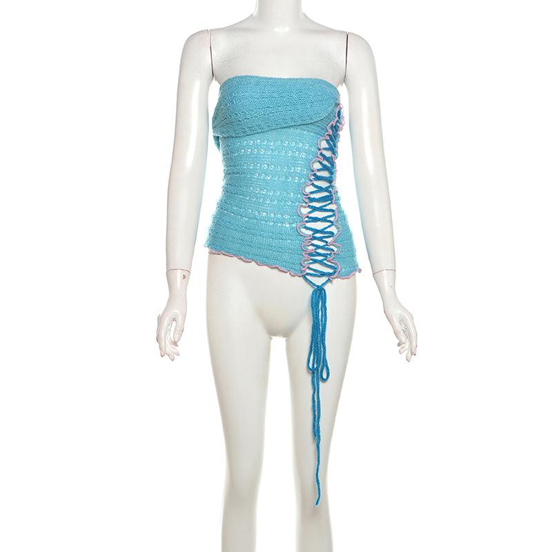 Lace up knitted irregular ruffle tube top
