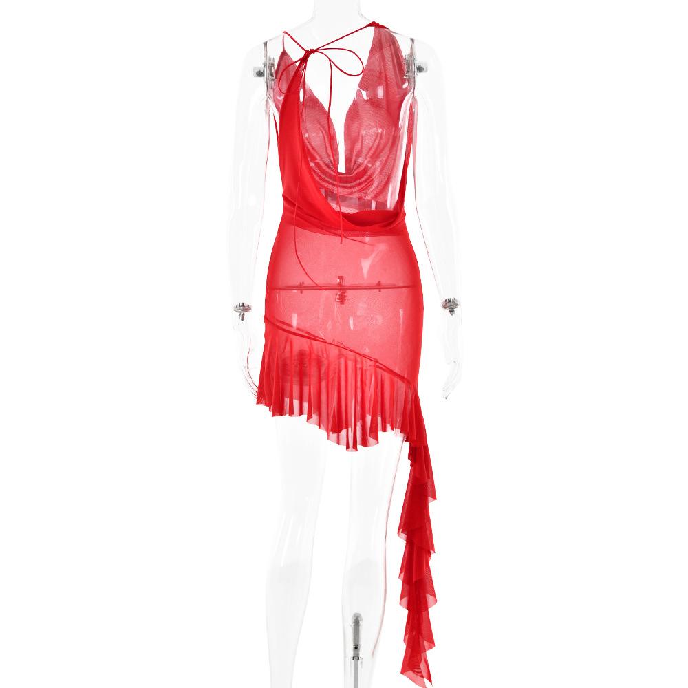 Sleeveless cowl neck low cut ruffle ruched backless mini dress  | red tango dress