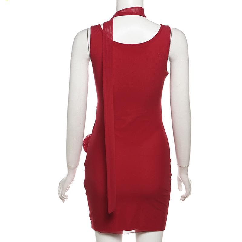 Cowl neck sheer mesh flower applique cami mini dress  | red tango dress  | samba dress