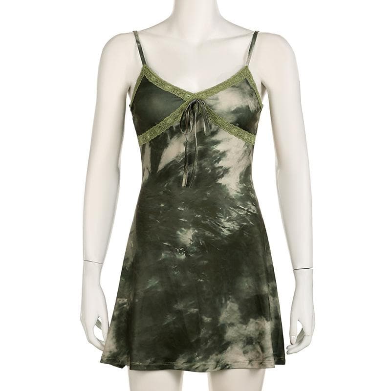 Tie dye lace hem bowknot v neck cami mini dress