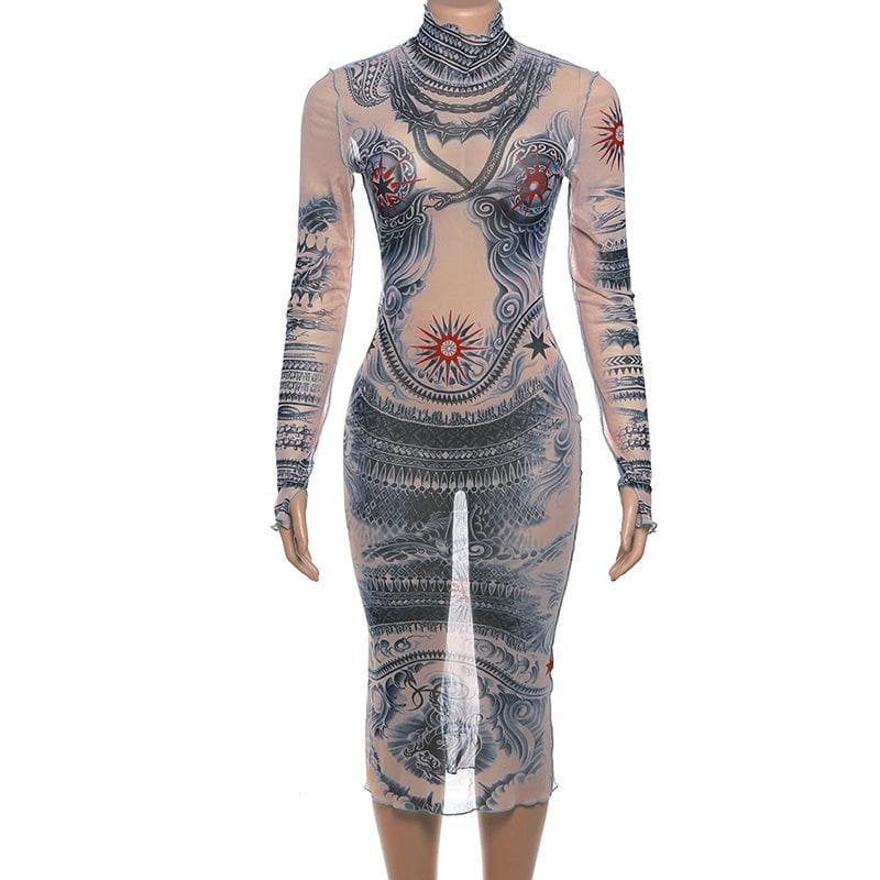 Sheer mesh see through abstract contrast print long sleeve gloves midi dress  | samba dress