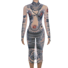 Sheer mesh see through abstract contrast print long sleeve gloves midi dress  | samba dress