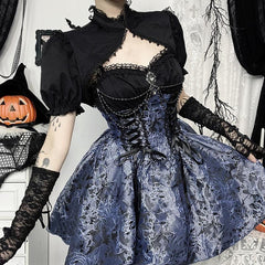 Puff sleeve lace hem button shrug top