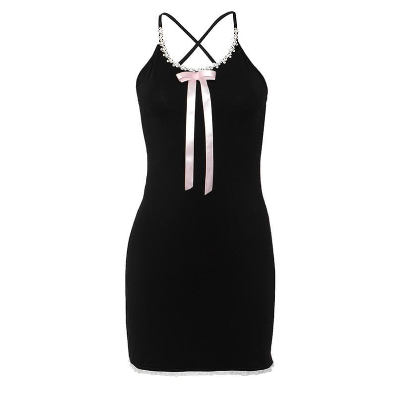 Bowknot ribbon lace hem u neck cross back backless cami mini dress  | black rave dress