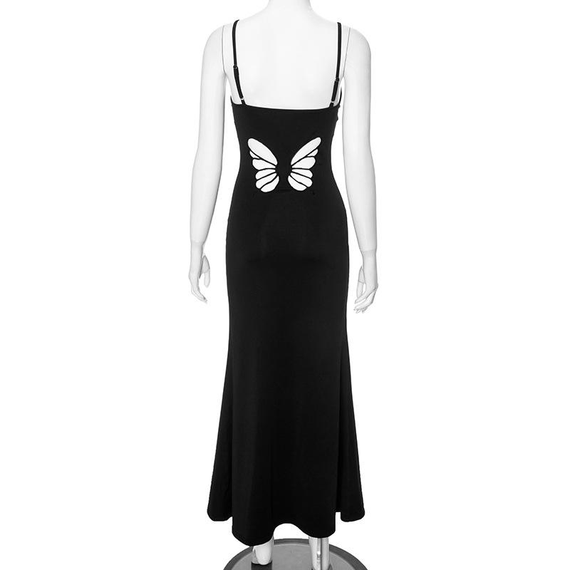 U neck butterfly pattern hollow out cami maxi dress  | red tango dress