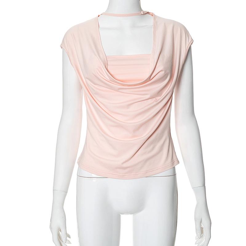 Cap sleeve cowl neck ruched solid top