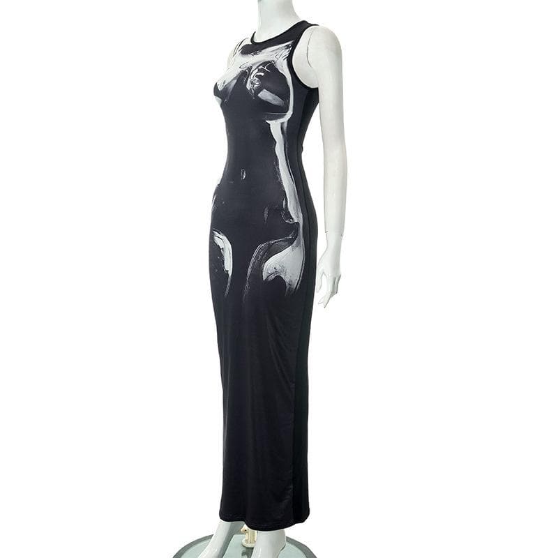 Crewneck body print contrast tank maxi dress