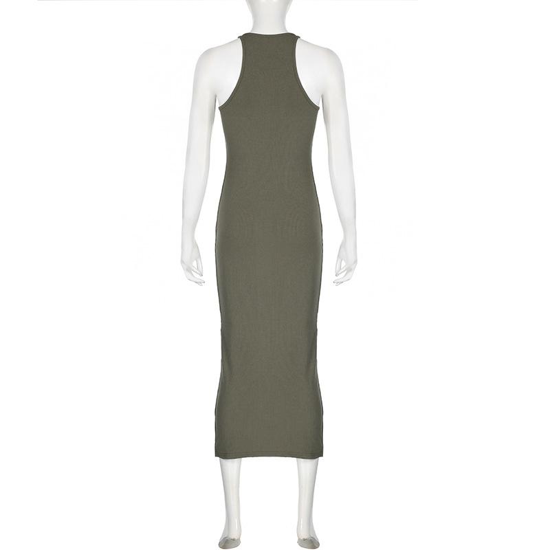 U neck self tie hollow out solid maxi dress
