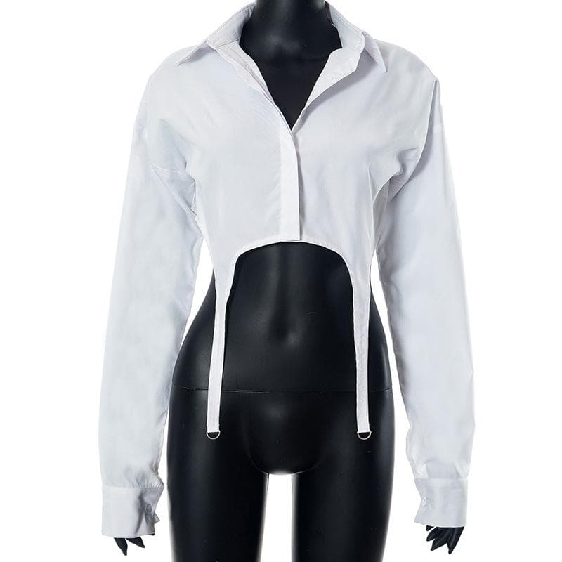 Turnover collar button long sleeve solid crop top