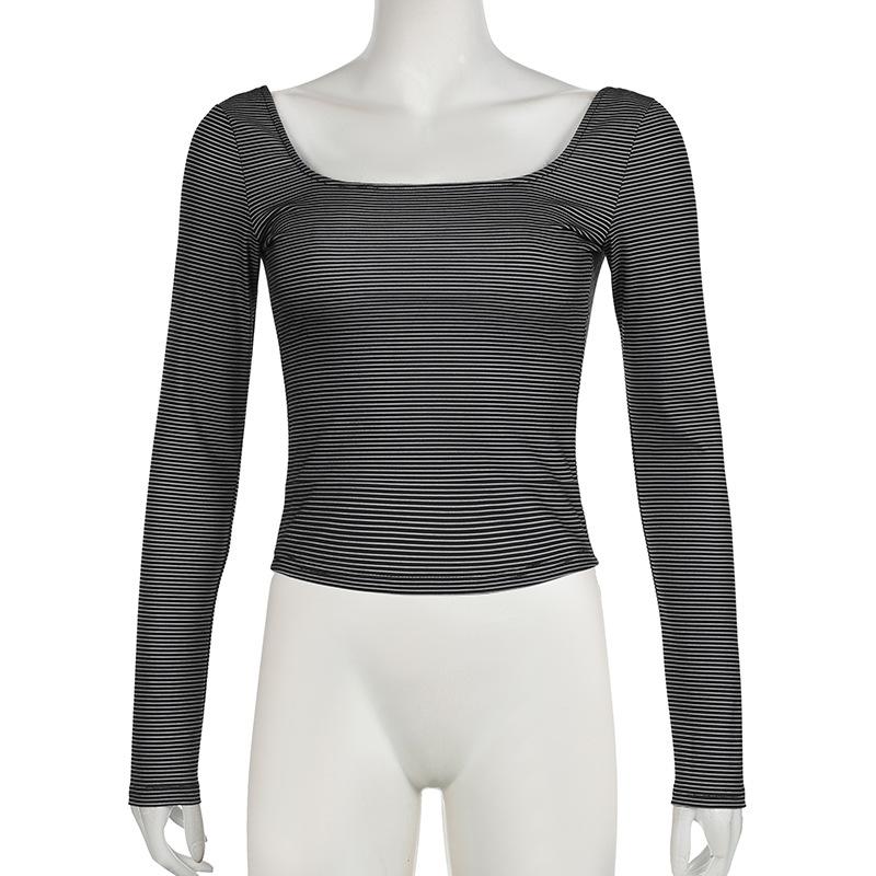 Long sleeve u neck striped backless top