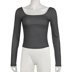 Long sleeve u neck striped backless top
