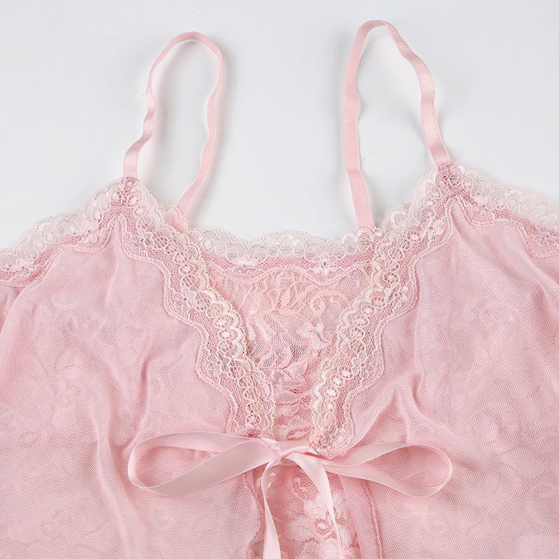 Lace patchwork ruffle ribbon mesh knotted cami top