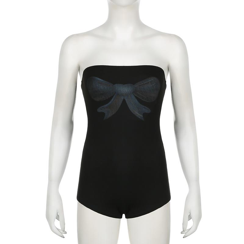 Bowknot print backless tube romper