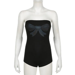 Bowknot print backless tube romper