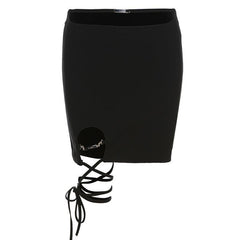 Hollow out metal chain self tie zip-up mini skirt