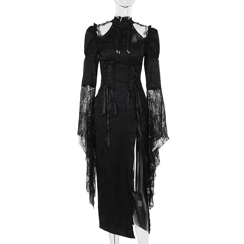 Puff sleeve lace up slit maxi dress