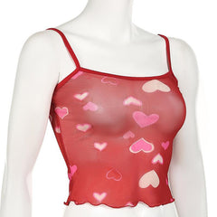 Heart print sheer mesh ruffle cami top