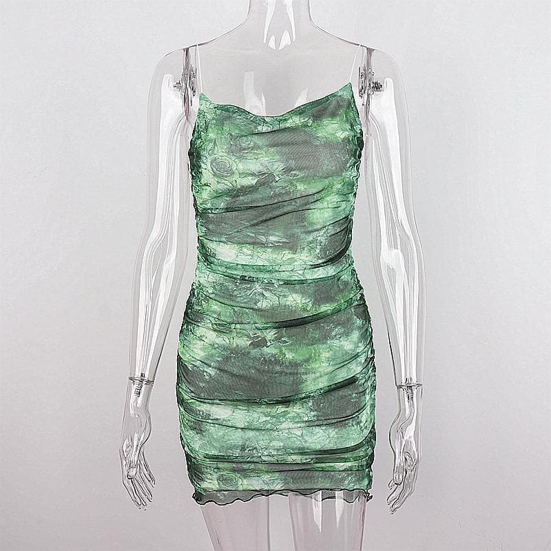 Sheer mesh tie dye print spaghetti strap cowl neck cami dress  | samba dress