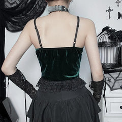 Velvet lace patchwork lace up sweetheart neck cami top