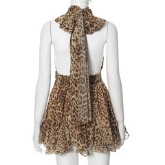Halter cross front leopard print ruffle mini dress