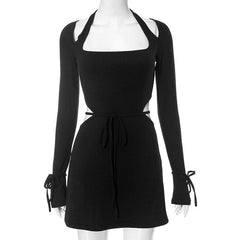 Long flared sleeve halter square neck hollow out mini dress