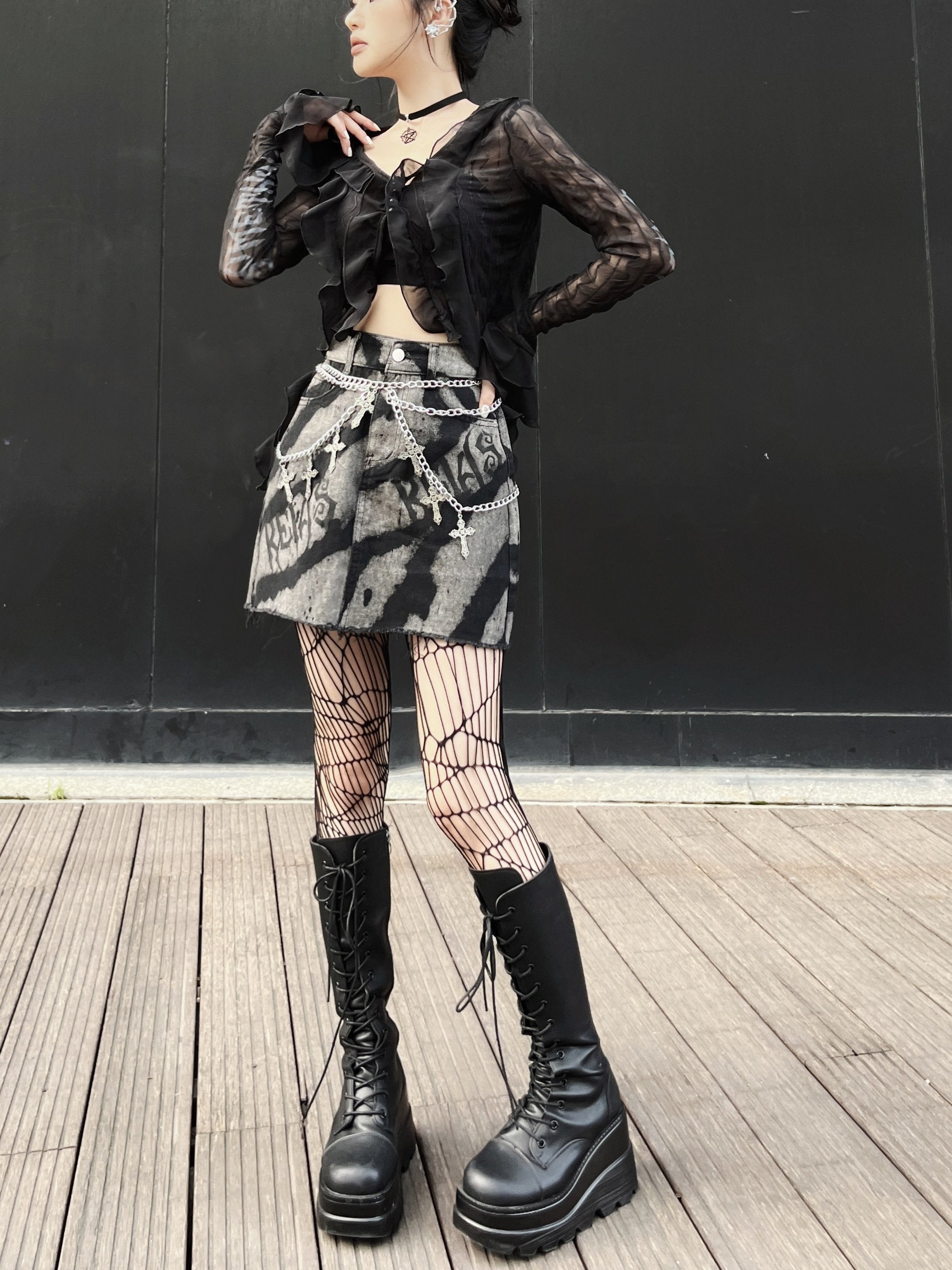 Denim letter print metal chain mini skirt