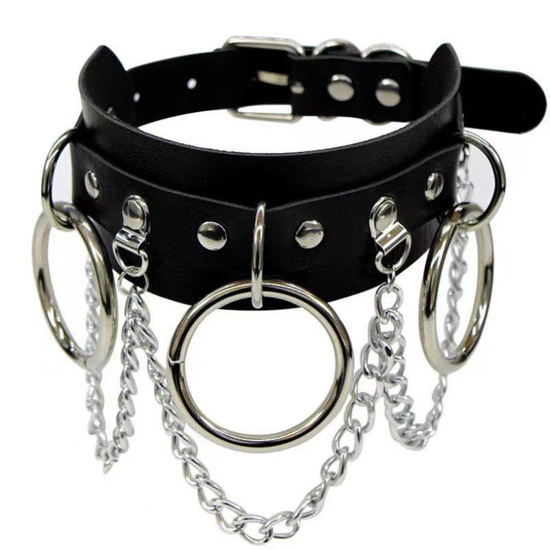 PU leather rivet o ring metal chain necklace