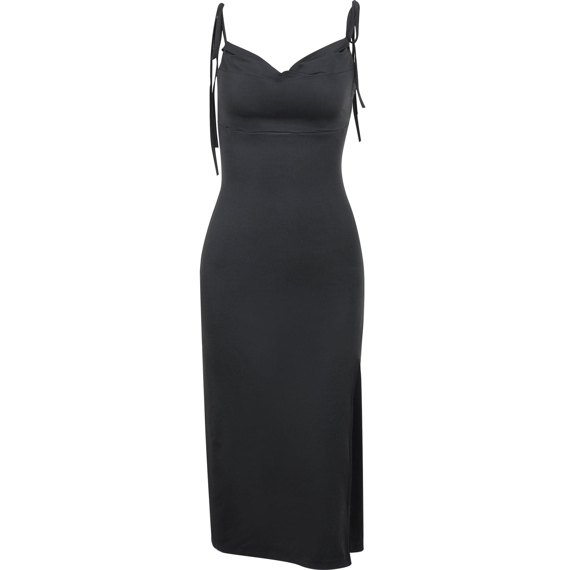 Cowl neck solid slit backless self tie ruched midi dress  | red tango dress