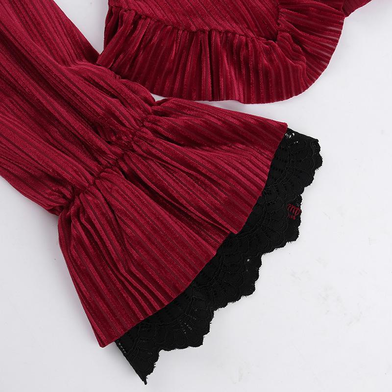 Turnover collar long sleeve corduroy lace hem top
