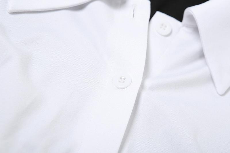 Turnover collar long sleeve button patchwork belt top