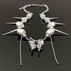 Butterfly pendant faux pearl rivet necklace