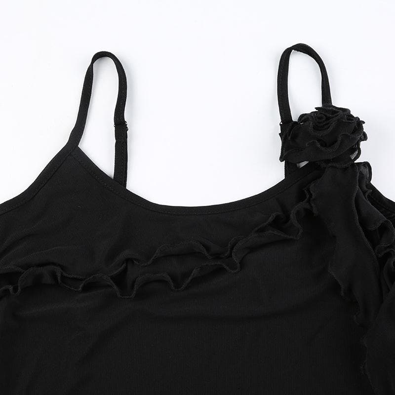 Sheer mesh flower applique ruffle u neck irregular crop top