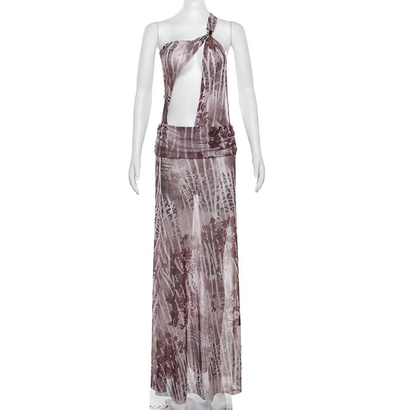 One shoulder irregular hollow out high slit print maxi dress