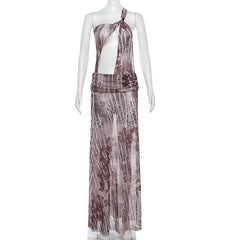 One shoulder irregular hollow out high slit print maxi dress