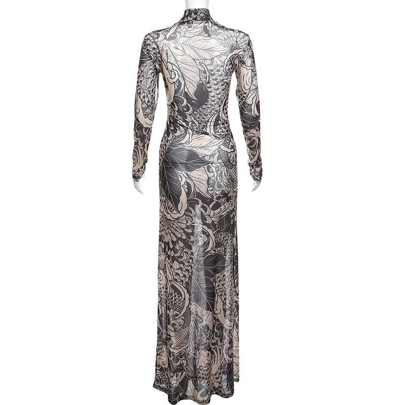 Sheer mesh see through abstract long sleeve high neck maxi dress  | samba dress