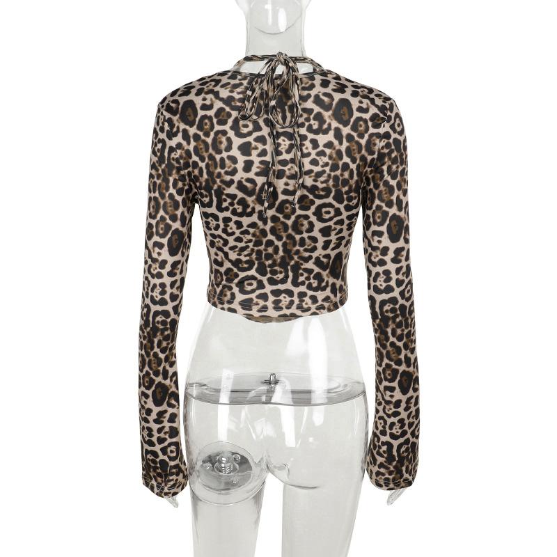 Leopard print halter long sleeve hollow out top
