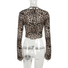 Leopard print halter long sleeve hollow out top