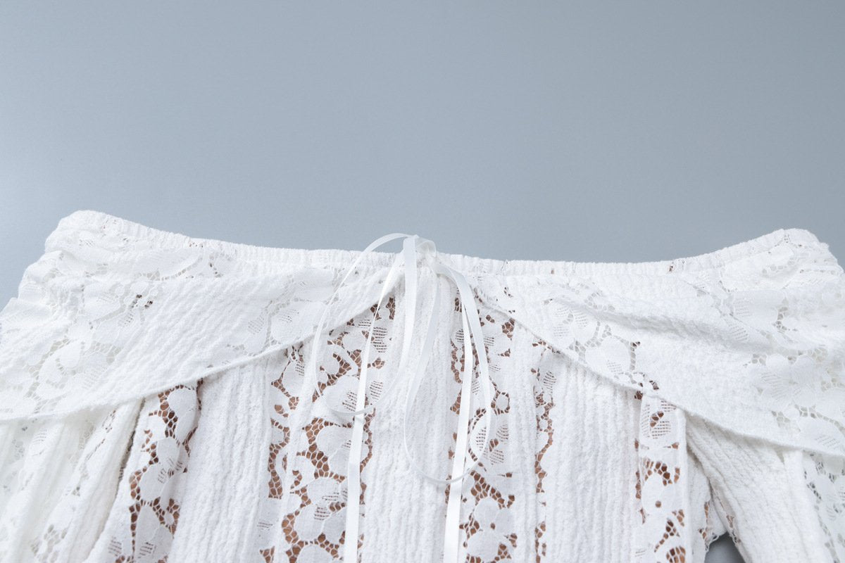 Off shoulder long sleeve lace bowknot mini dress