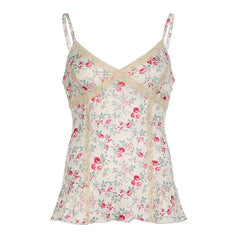 Print v neck lace hem ruffle knotted cami top