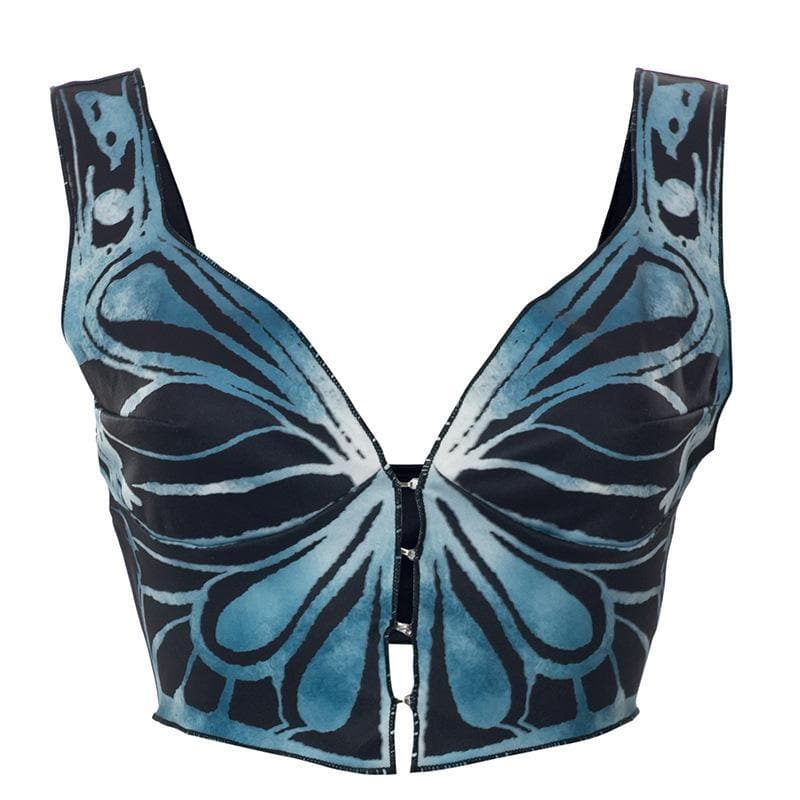 V neck butterfly print buttoned crop top