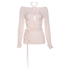 Long sleeve halter ribbon round neck top