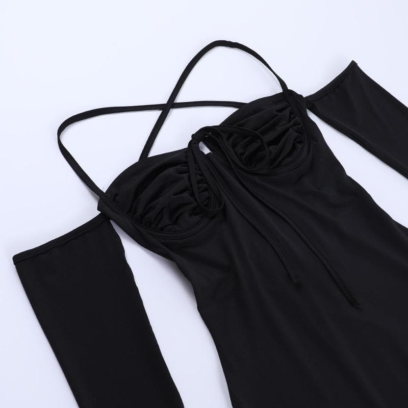 Lace up solid cross back off shoulder long sleeve mini dress  | black rave dress  | black rave dress