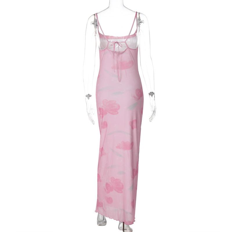 Print mesh knotted backless cami maxi dress