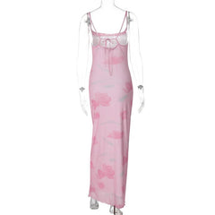 Print mesh knotted backless cami maxi dress