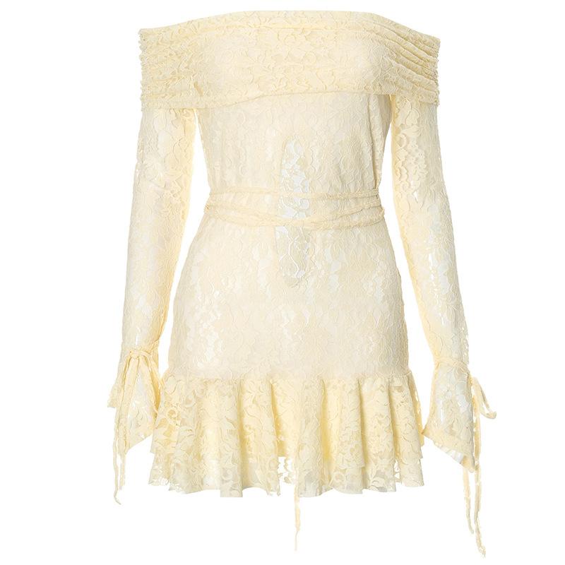 Long sleeve off shoulder lace self tie hollow out mini dress