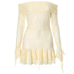 Long sleeve off shoulder lace self tie hollow out mini dress